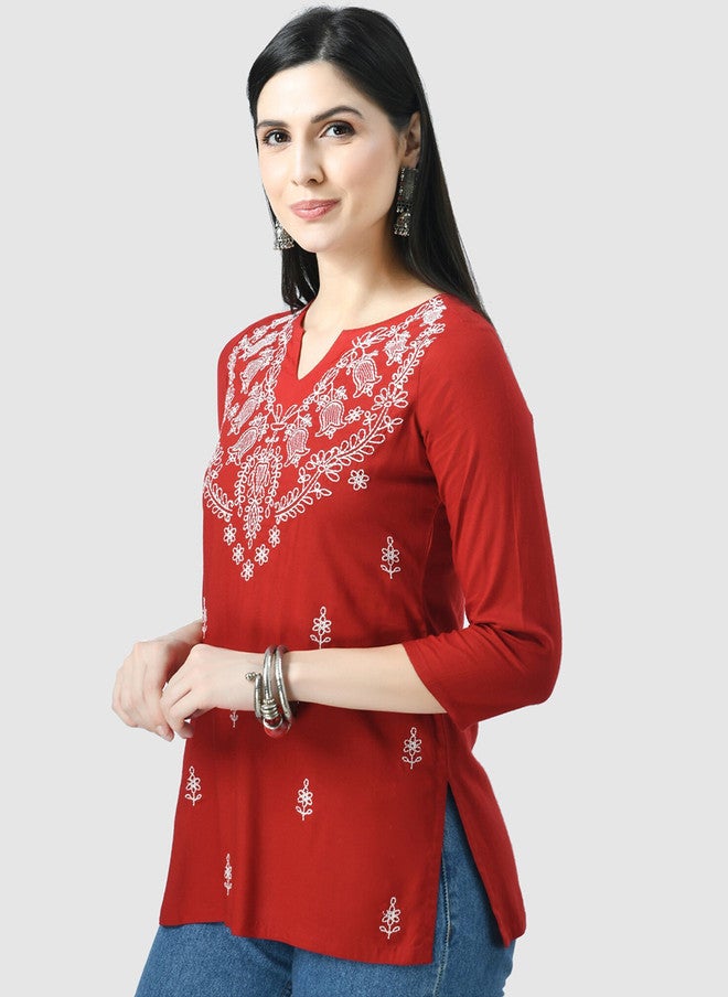 QAZMI Floral Embroidered Chikankari Work Kurti - Image 3